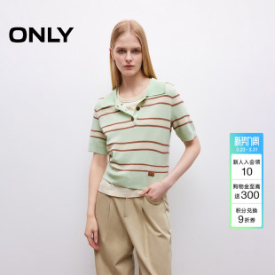 上衣女 针织衫 ONLY春季 纽扣半开领口Polo领轻薄撞色条纹短袖