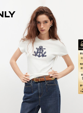 【热销】ONLY2026夏季新款上衣航海风刺绣修身短袖白色蓝色T恤女