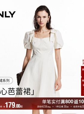 ONLY夏季复古蝴蝶结裙子白色高腰泡泡袖A字裙短裙连衣裙女