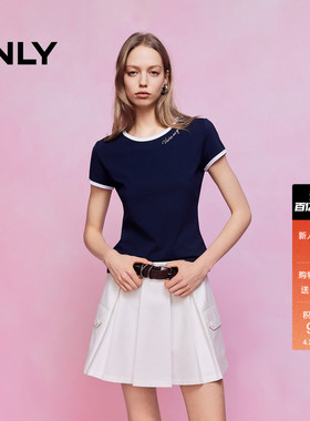 ONLY2026春季新款领口立体刺绣装饰撞色领口袖口显瘦短上衣T恤女