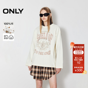 ONLY2026春季新款美式复古落肩宽松纯棉舒适圆领印花长袖T恤女