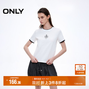 休閑層次拼接顯瘦箱型版 型學院風刺繡正肩T恤女 新款 ONLY2025夏季