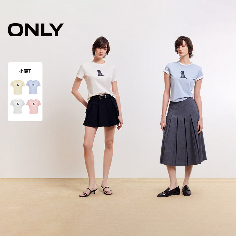 【蜜蜂心愿社】ONLY猫咪印花纯棉罗纹圆领正肩短袖T恤女