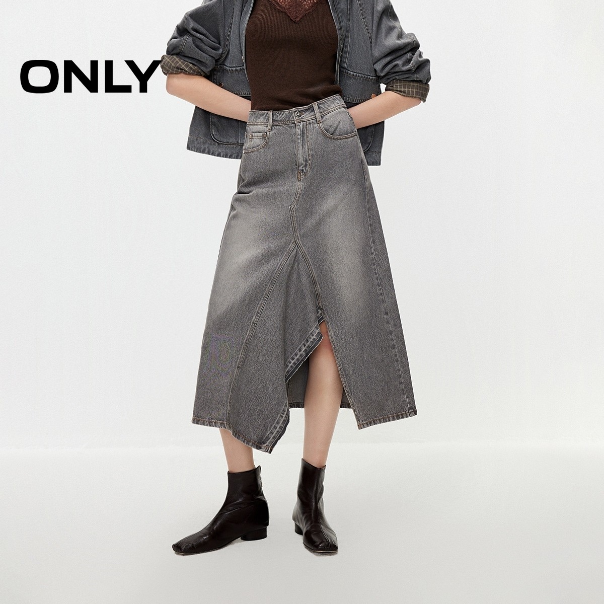 ONLY2026春季新款裙摆拼接剪裁设计复古A字中长款牛仔裙半身裙女,女装/女士精品,半身裙,淘宝优惠券,粉丝福利购,淘宝优惠卷