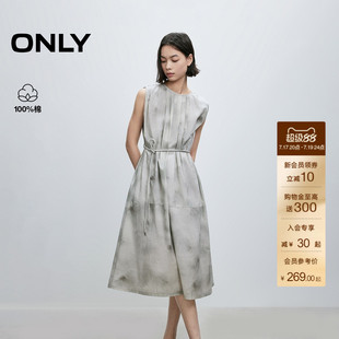ONLY夏季淡人后背挖空晕染印花系带收腰裙子纯棉中长连衣裙女