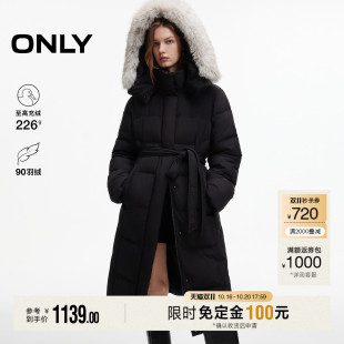 [双11预售]ONLY新款90白鸭绒摩登百搭可拆毛领腰带收腰长款羽绒服