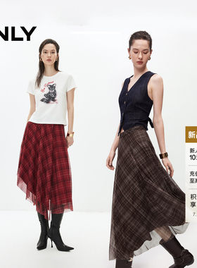 ONLY弹力腰头格纹不对称半身裙女