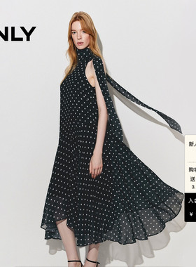 【波点裙】ONLY2026春季新款立体剪裁宽松版肩挂脖斜切裙摆连衣裙