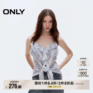 ONLY2025夏季 女 不規(guī)則飄逸荷葉邊碎花V領(lǐng)細(xì)吊帶收腰雪紡衫 新款