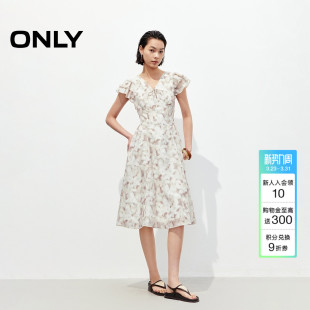 淡雅印花V领连衣裙女 荷叶袖 ONLY夏季 修饰肩颈线条法式