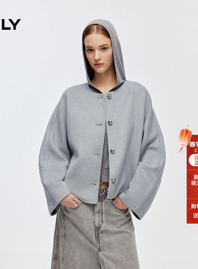 ONLY2025冬季新款优雅双面呢简约宽松短款立体纽扣毛呢大衣女