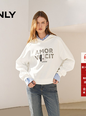 ONLY冬季运动休闲亮片字母宽松落肩连帽卫衣女|12439S023