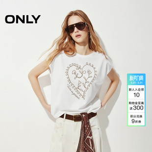 ONLY2026春季 艺术感植绒刺绣微落肩桃心花朵印花上衣T恤女 新款