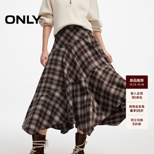 ONLY2026秋季新款垂坠感格纹格子中长裙不规则裙子松紧腰半身裙女