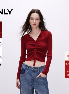 【爆款追单】ONLY2025冬季新款时尚气质V领抽绳修身短款红针织衫
