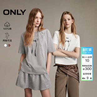 T恤上衣女 纯棉甜美刺绣立体印花蝴蝶结宽松阔版 ONLY2026春季 新款