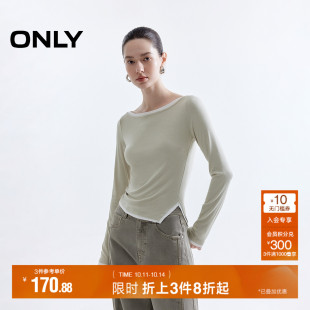 正肩长袖 温柔拼色假两件显瘦一字领口修身 T恤女 新款 ONLY2025秋季