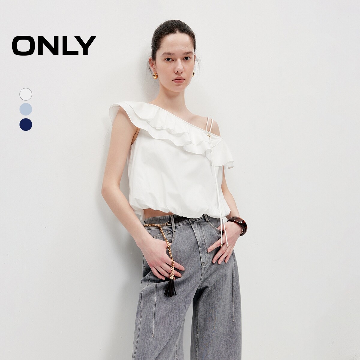 ONLY2026夏季新款气质荷叶边设计短款显瘦可调节肩带雪纺衫上衣女