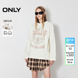 落肩设计宽松纯棉圆领印花长袖 上衣美式 T恤女 新款 ONLY2026春季