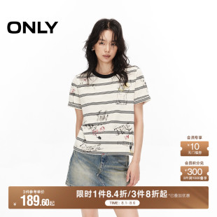 ONLY2025夏季 T恤女 新款 航海系撞色条纹涂鸦印花圆领显瘦正肩短袖
