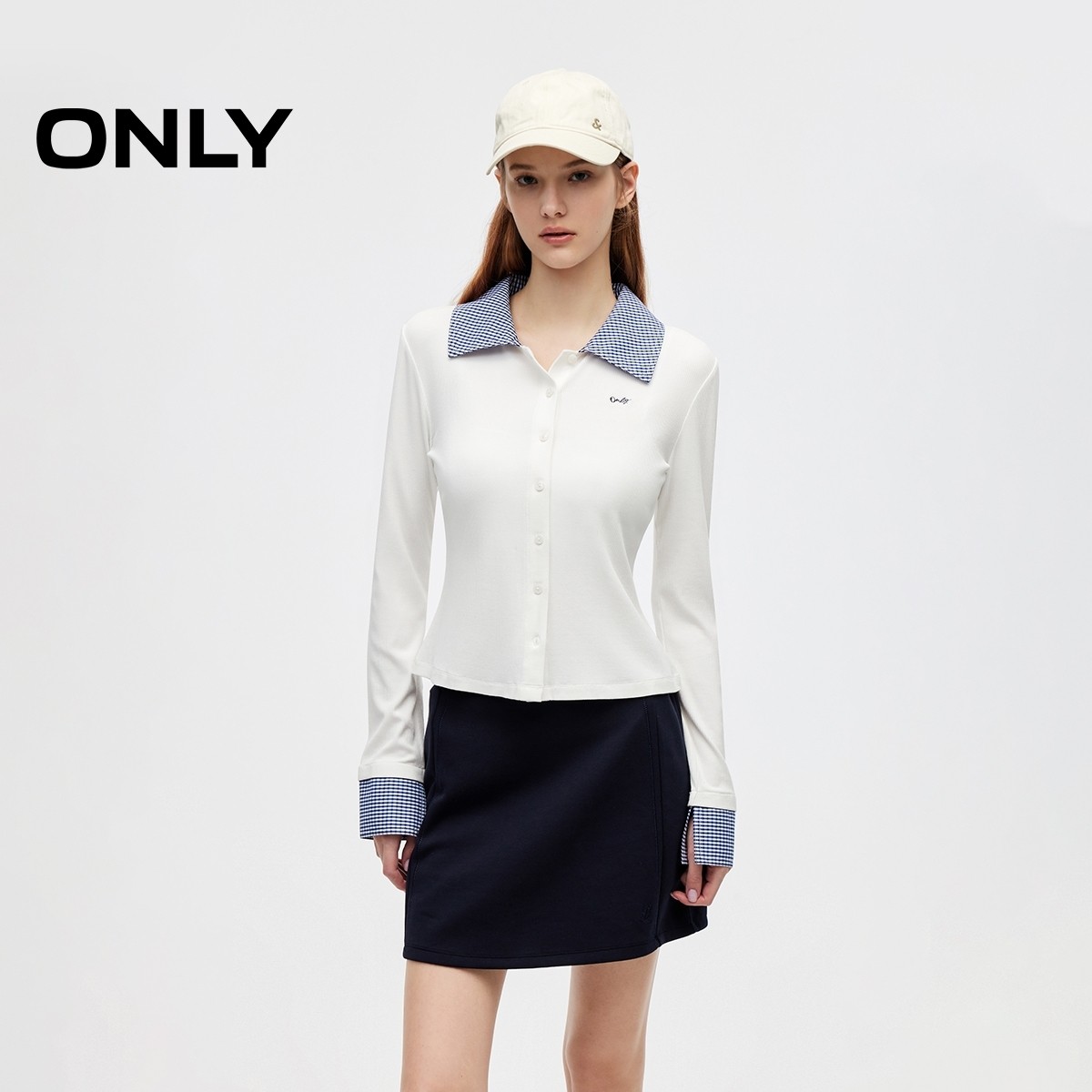 ONLY2026春季新款衬衫拼接领口设计修身翻领长袖正肩上衣T恤女