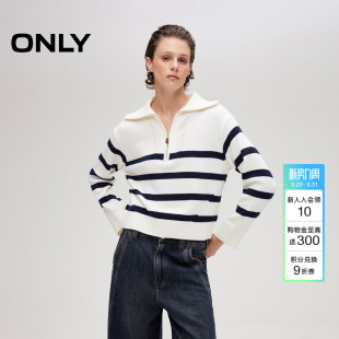 125413013 女 ONLY春季 上衣半开襟翻领皮革拉链头落肩条纹针织衫