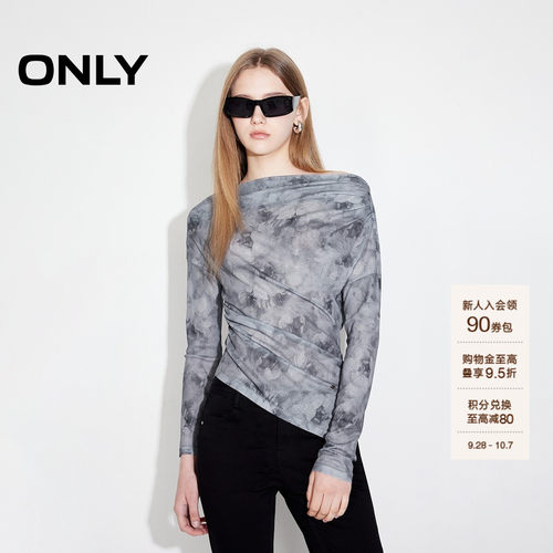 ONLY扎染一字肩修身长袖T恤