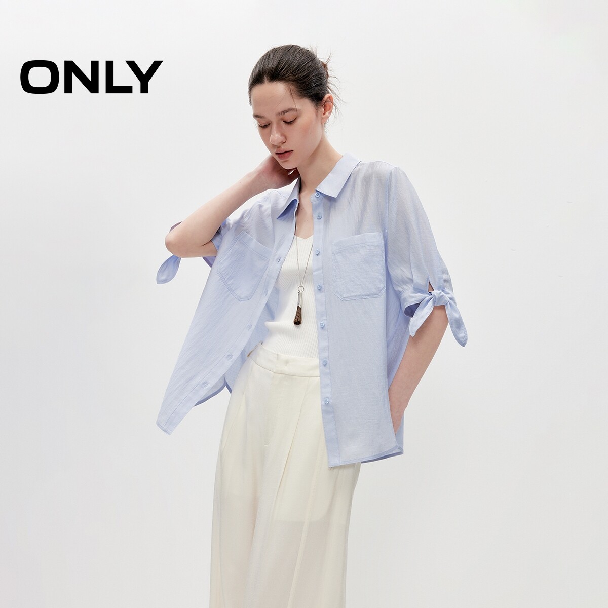 ONLY透气廓形翻领上衣系带衬衫