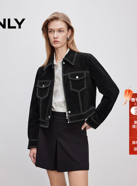 ONLY2025冬季新款挺阔真皮面料正肩翻领直筒短款开衫皮衣外套女