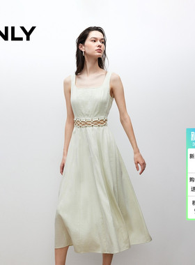 ONLY夏季肌理感复古U型领腰身镂空无袖裙子A字中长款连衣裙女