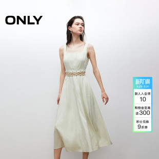 连衣裙女 裙子A字中长款 ONLY夏季 肌理感复古U型领腰身镂空无袖