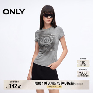 T恤女 ONLY2025夏季 新款 复古印花柔软弹力修身 显瘦正肩圆领短袖