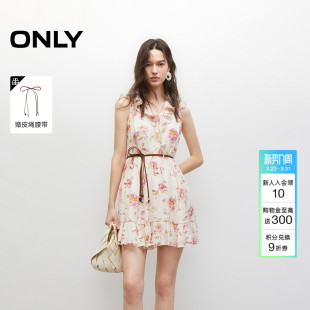 V领收腰短裙连衣裙 波嬉风碎花裙子荷叶边无袖 ONLY2026春季 新款