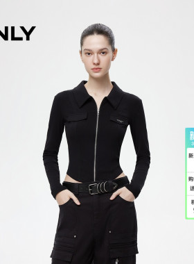 ONLY2026春季新款上衣时尚辣妹风正肩设计翻领拉链开衫黑色T恤女