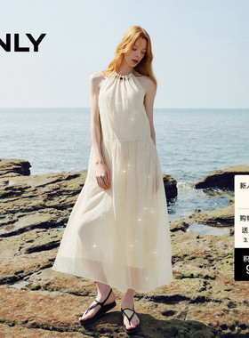 ONLY2026春季新款淡人穿搭H型串珠挂脖细闪烫钻压褶摆纱长连衣裙