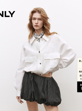 ONLY2026春季新款莱赛尔工装大口袋翻领长袖宽松白色短款外套女