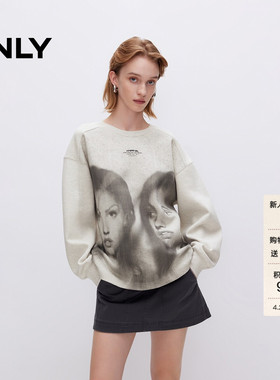 ONLY2026春季新款上衣时尚人像印花宽松圆领落肩卫衣女|12519S015