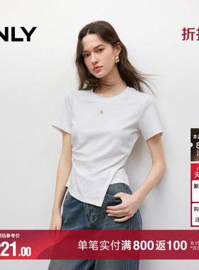 ONLY夏季收腰上衣棉感褶皱金属装饰不对称正肩圆领白色短袖T恤女