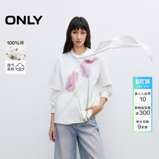 ONLY夏季 T恤女 纯棉花朵印花设计落肩宽松显瘦圆领短袖