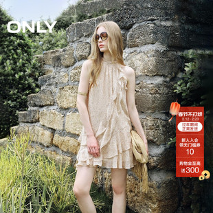 ONLY2025夏季新款波嬉风挂脖圆领不规则荷叶边短裙碎花连衣裙女
