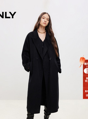 ONLY2025冬季新款轻奢绵羊毛山羊绒宽松枪驳领系带毛呢大衣外套女