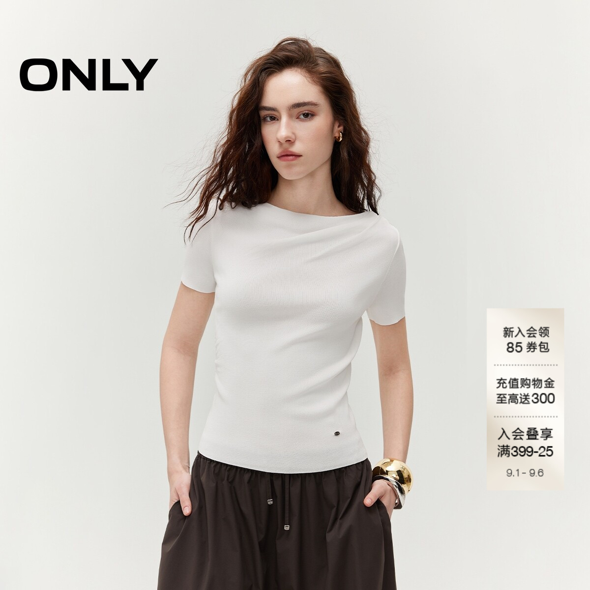 ONLY通勤风纯色针织短袖T恤上衣图片