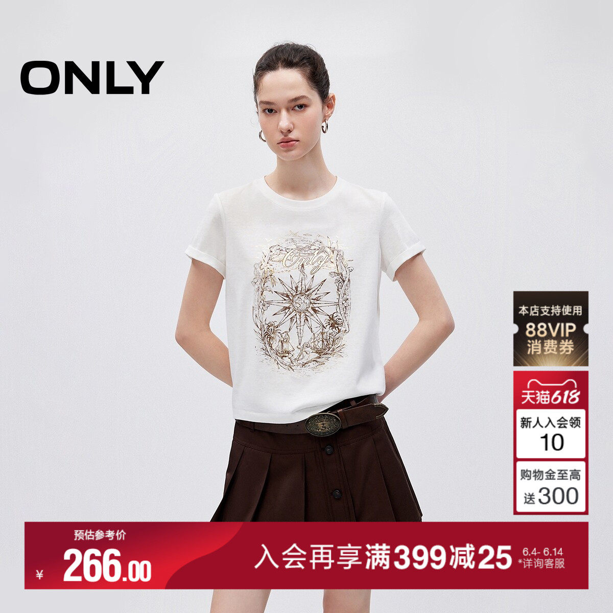 ONLY2026夏季新款圆领正肩上衣时髦质感印花松弛卷边袖口T恤女