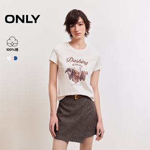 纯棉上衣印花圆领正肩短袖 新款 ONLY2026春季 T恤女 宠物派对