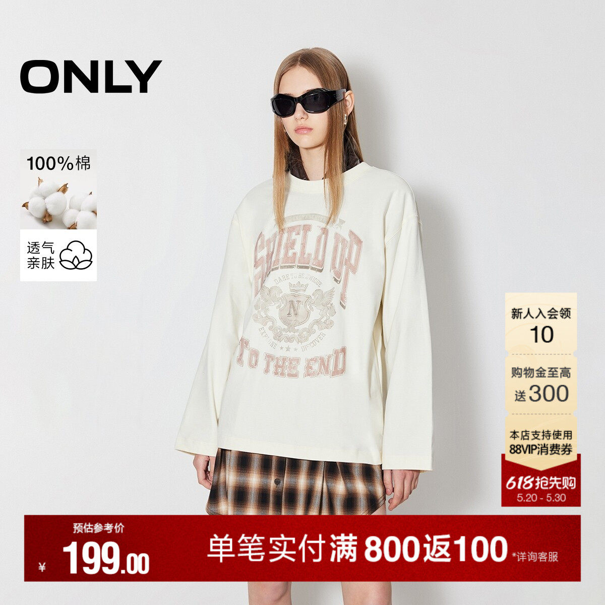 ONLY2026夏季新款上衣美式落肩设计宽松纯棉圆领印花长袖T恤女