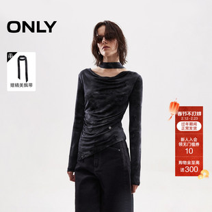 ONLY2025冬季新款优雅荡领个性修身纯色飘带腰身捏褶长袖T恤女
