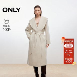 ONLY2025冬季新款100%绵羊毛纯色睡袍式系带长款双面毛呢大衣外套