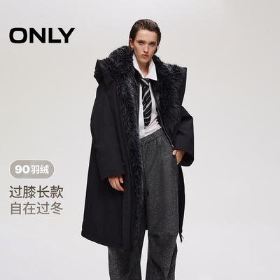 ONLY中长款连帽毛领羽绒服