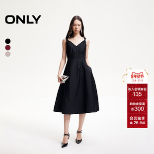ONLY夏季优雅中长裙收腰伞裙V领吊带裙黑色小礼服连衣裙女