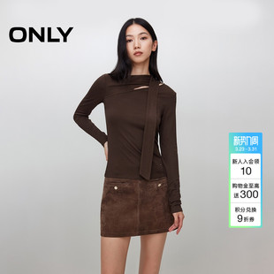 长袖 上衣软糯舒适不对称领口系带设计修身 T恤女 新款 ONLY2026春季
